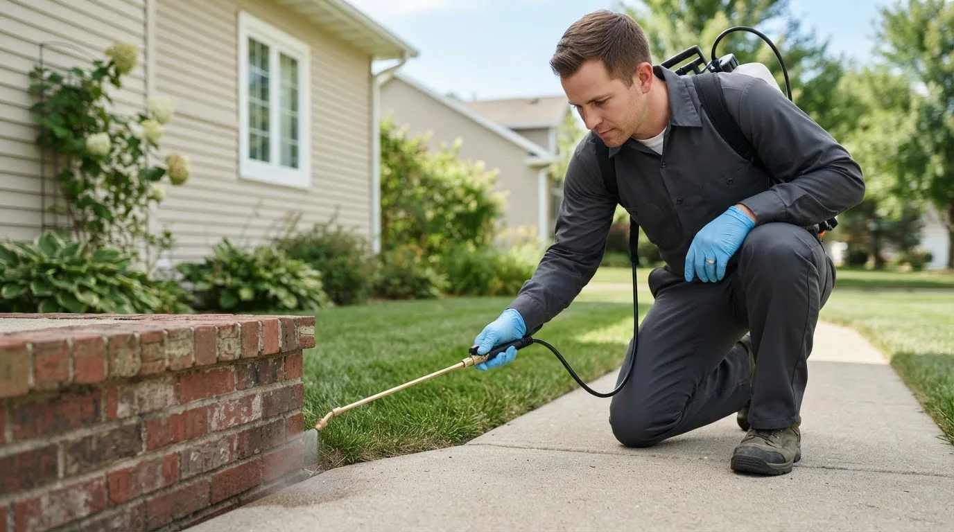 Pest control technician treating a home near Freeport, TX